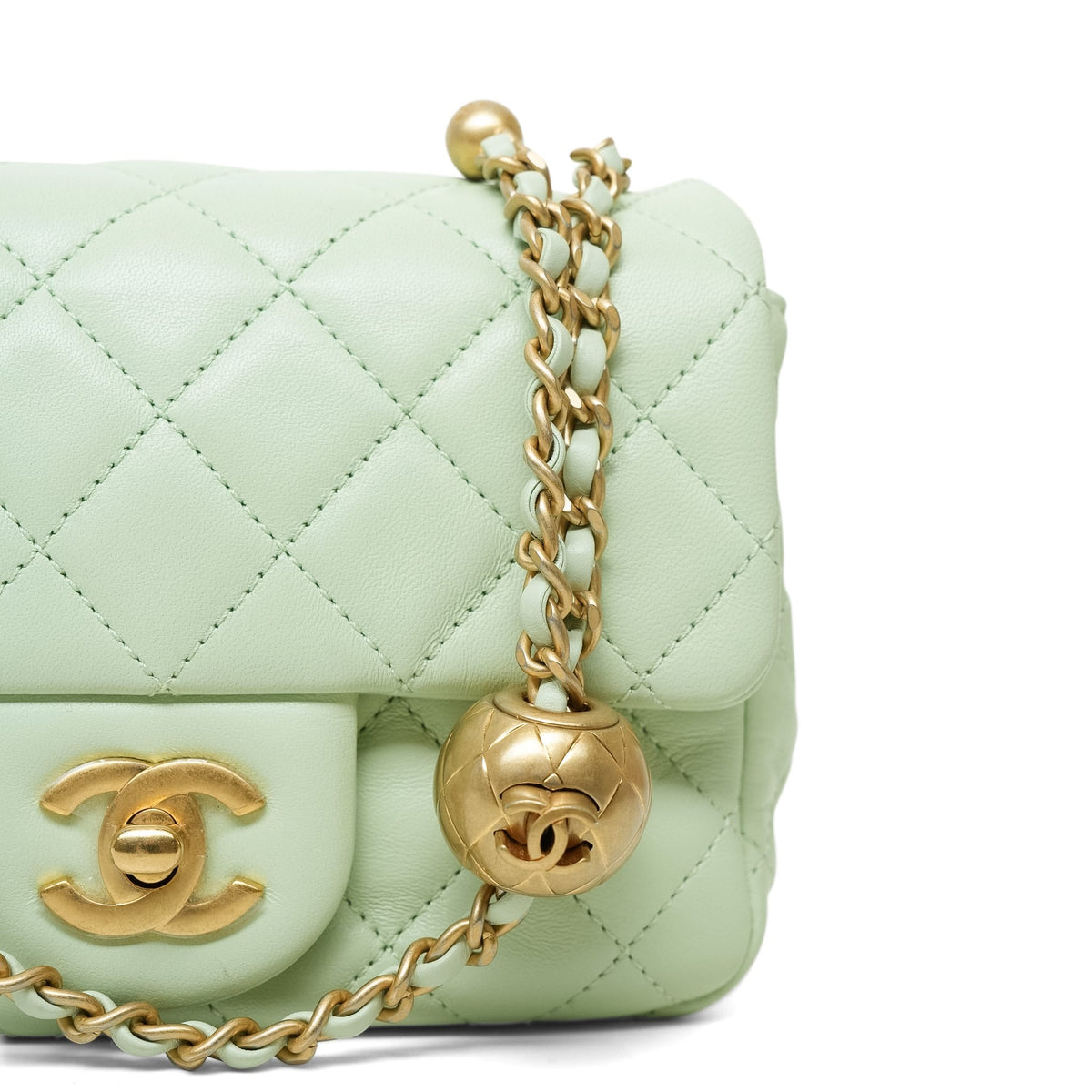 Light Green Lambskin Quilted Pearl Crush Mini Square Flap AGHW