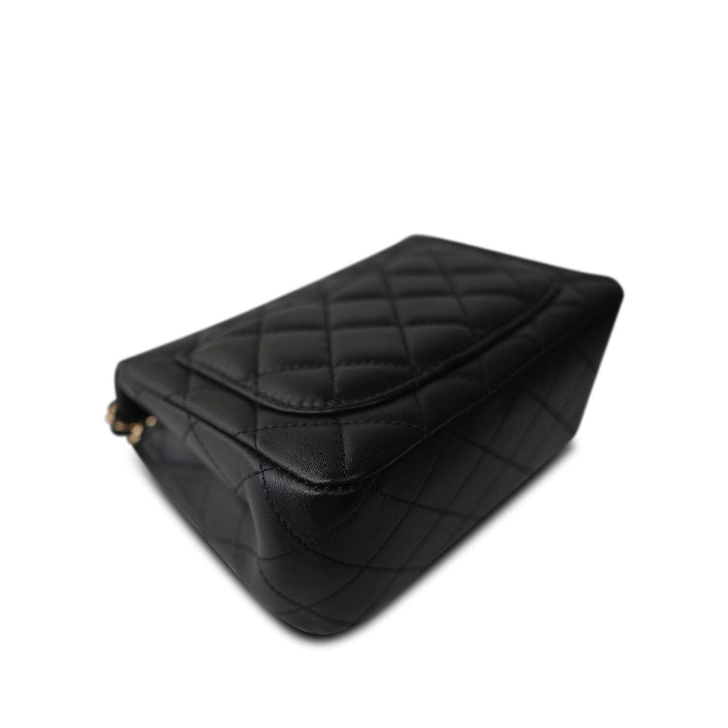 Black Lambskin Quilted Pearl Crush Mini Square Flap Light Gold