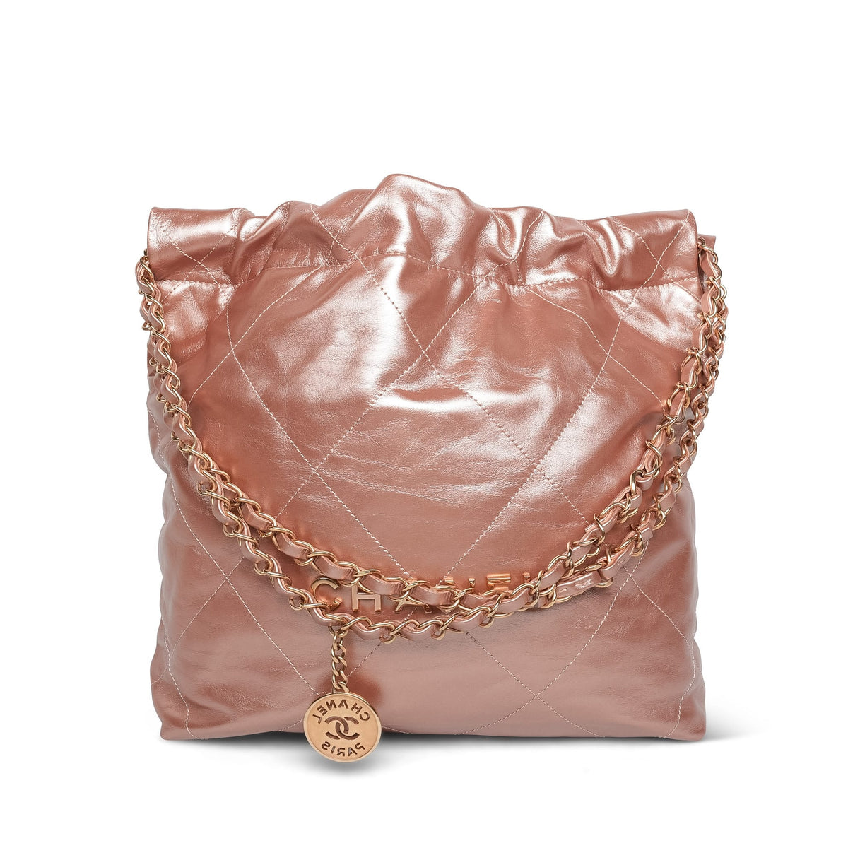 Pink Metallic Crumpled Calfskin Quilted 22 Hobo Bag Small Rose Gold Hardware