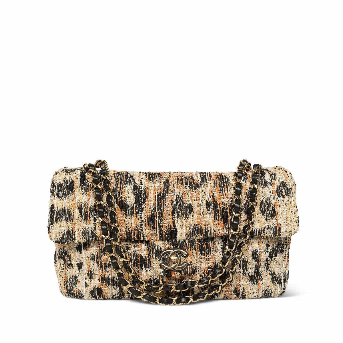 Leopard Print Tweed Souplissimo Maxi Flap Small Light Gold Hardware