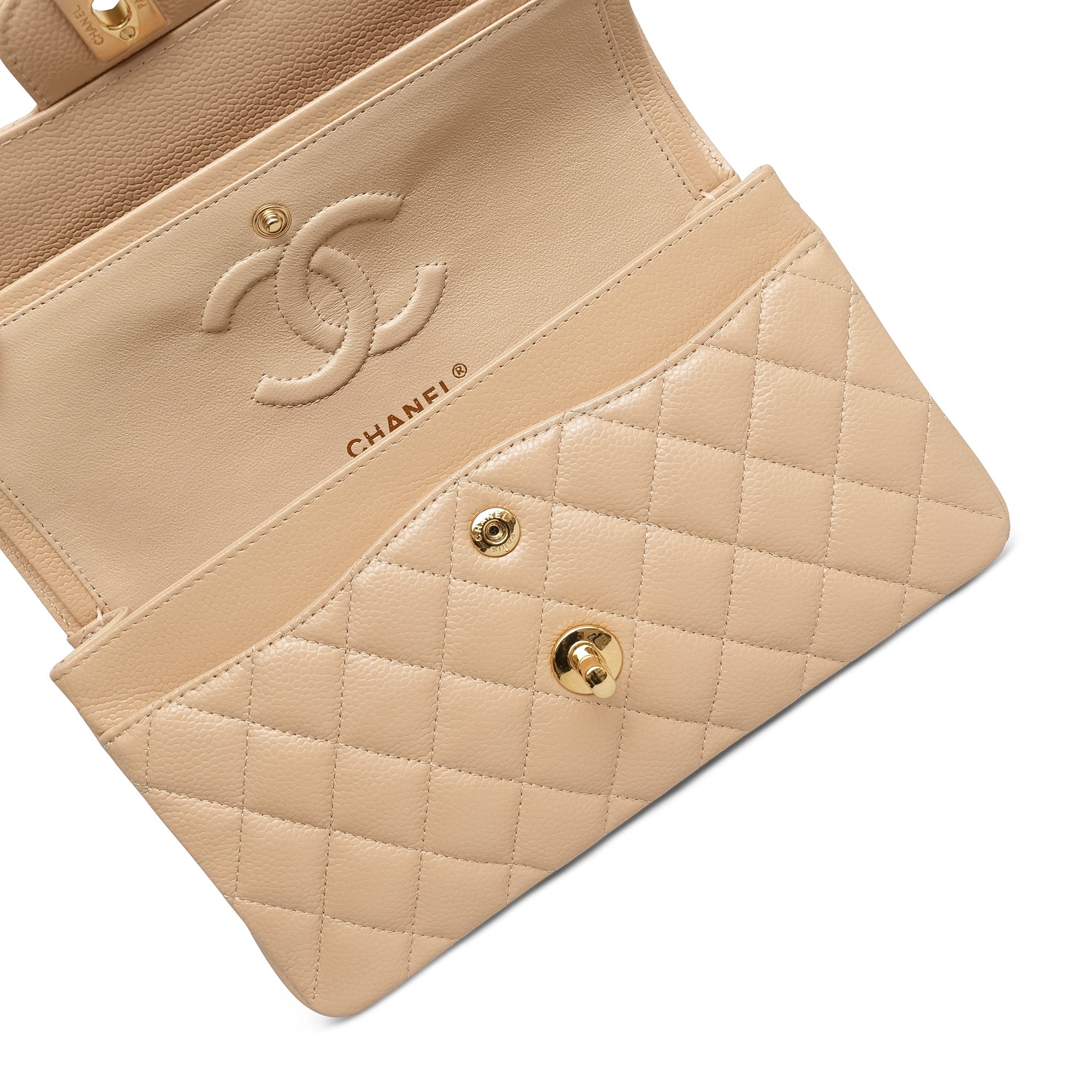 Product image 12 of 15: Beige Clair Caviar Quilted Double Flap Small Gold HW