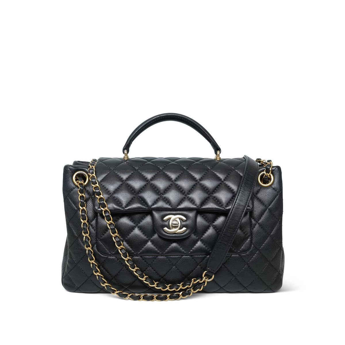 Black Caviar/Lambskin Mini Top Handle Tote Aged Gold Hardware