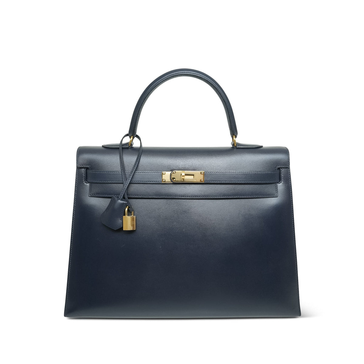 Kelly 35 Navy Box Calfskin Gold Plated W Circle Stamp