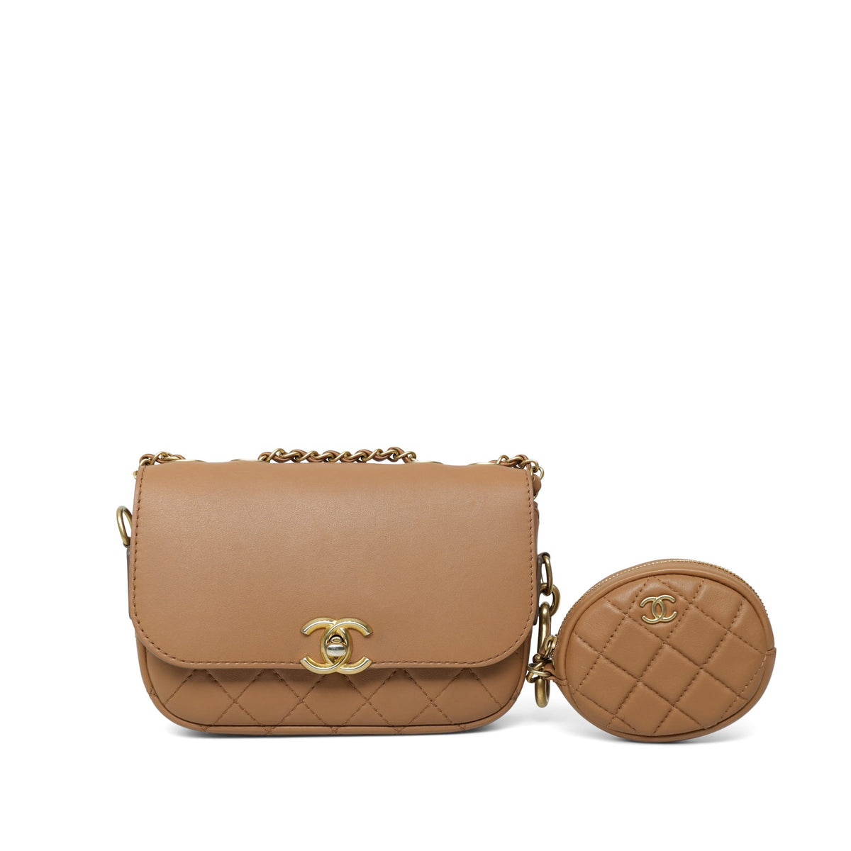 Dark Beige Calfskin Quilted Multi Pouching Flap Aged Gold Hardware