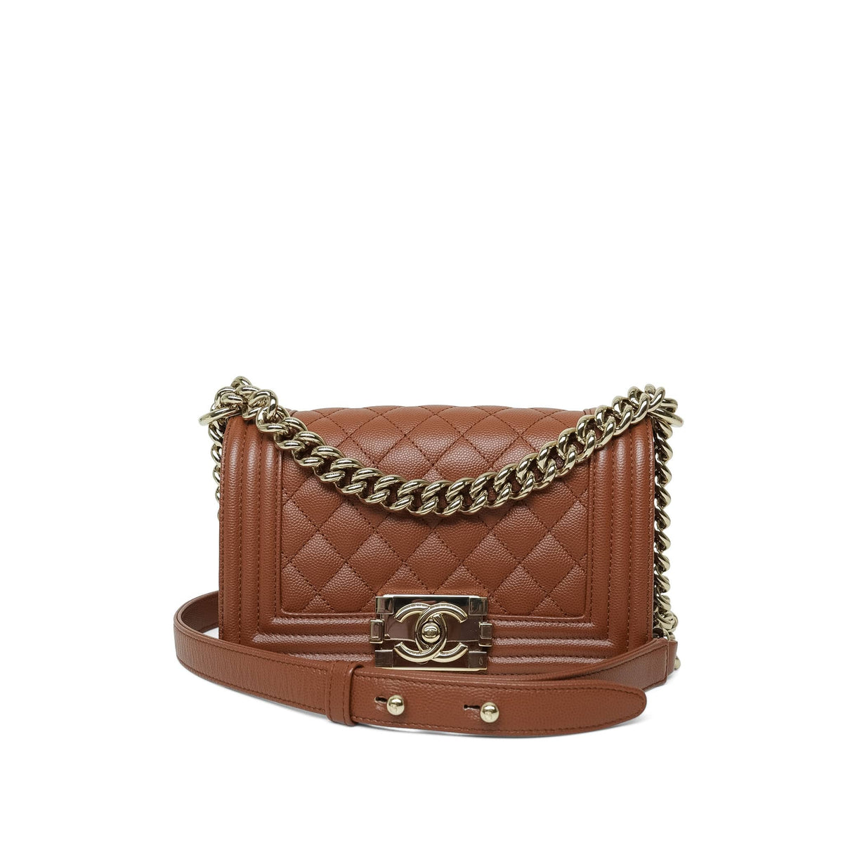 23A Light Brown Caviar Quilted Boy Bag Small Light Gold Hardware
