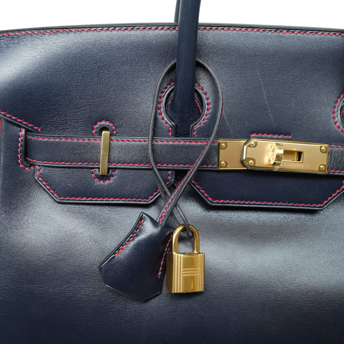 HAC 32 Navy/Red Contrast Stitching Box Calfskin Gold Plated C Square Stamp