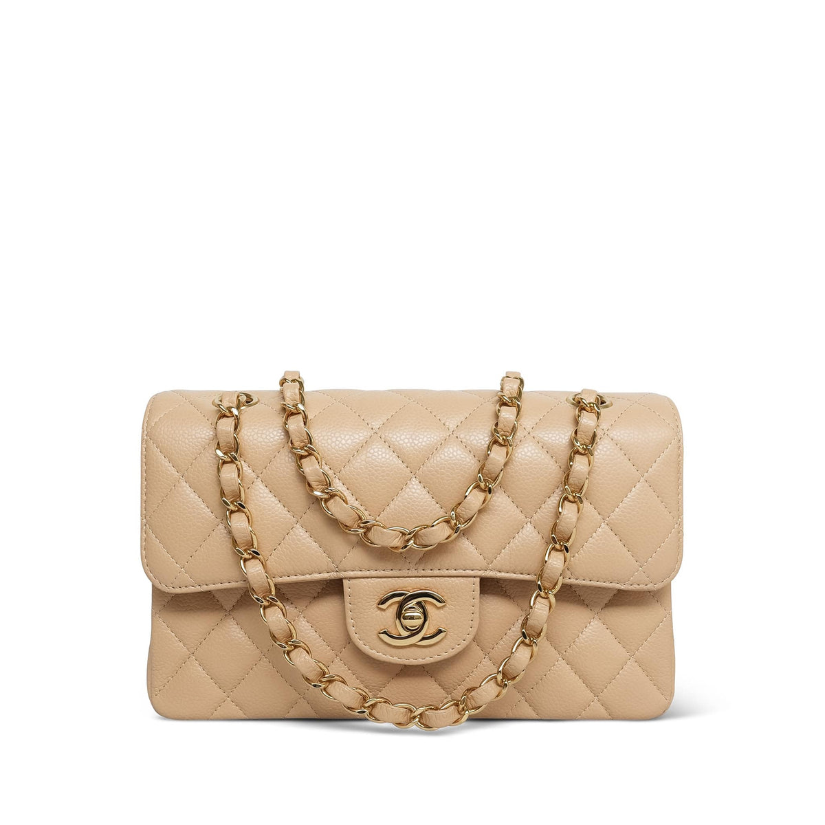 Beige Clair Caviar Quilted Double Flap Small Gold HW