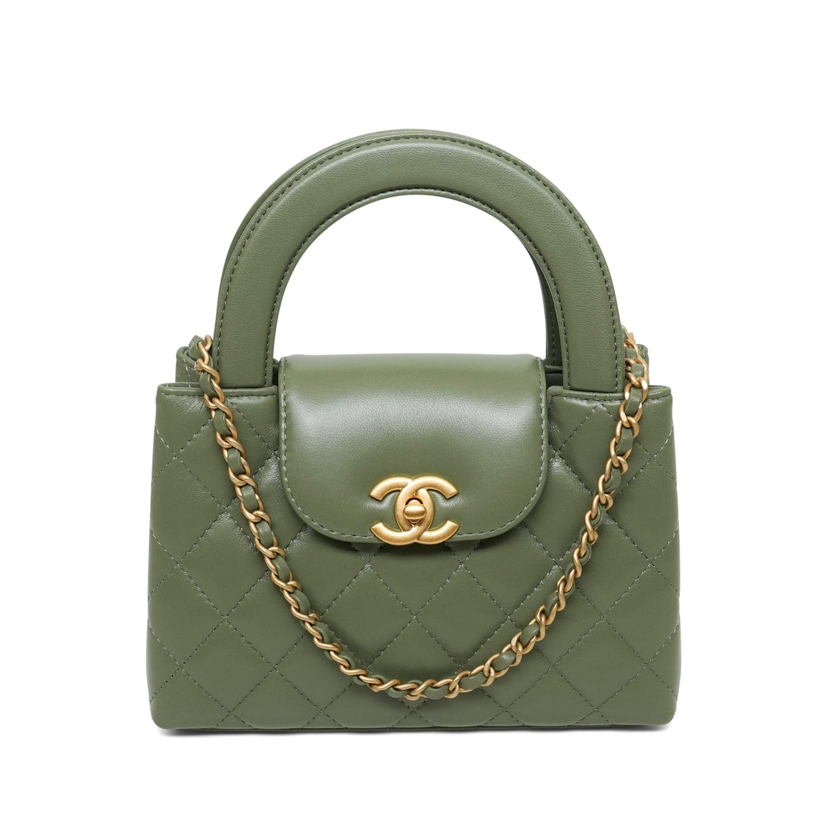 Dark Green Lambskin Quilted Kelly Shopper Aged Gold Hardware