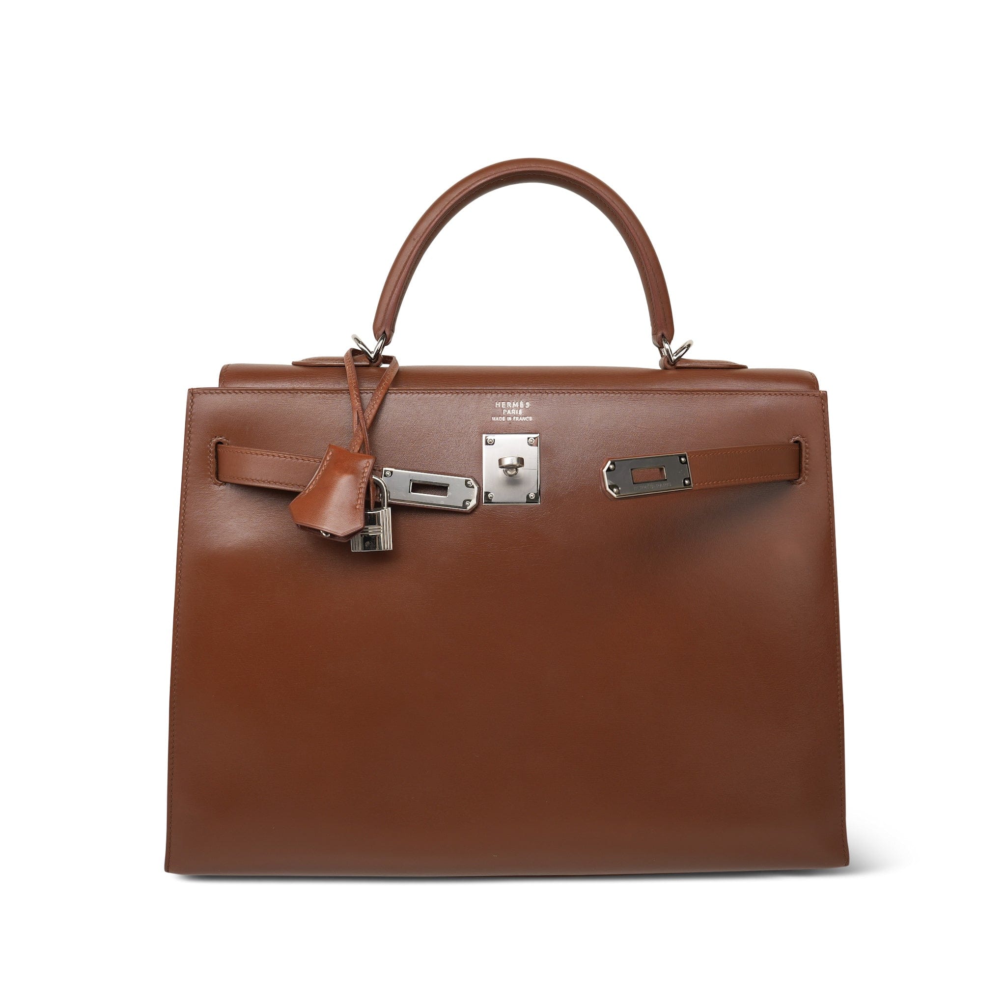 HERMÈS ブラウン レザー ケース Kelly Sellier 35 Noisette Box Calfskin Palladium Plated E Square