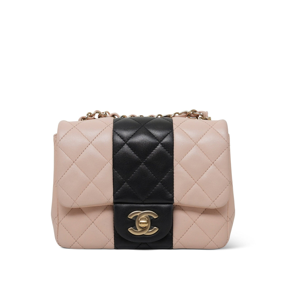 Light Beige/Black Bi-Color Lambskin Quilted Mini Square Flap Light Gold Hardware