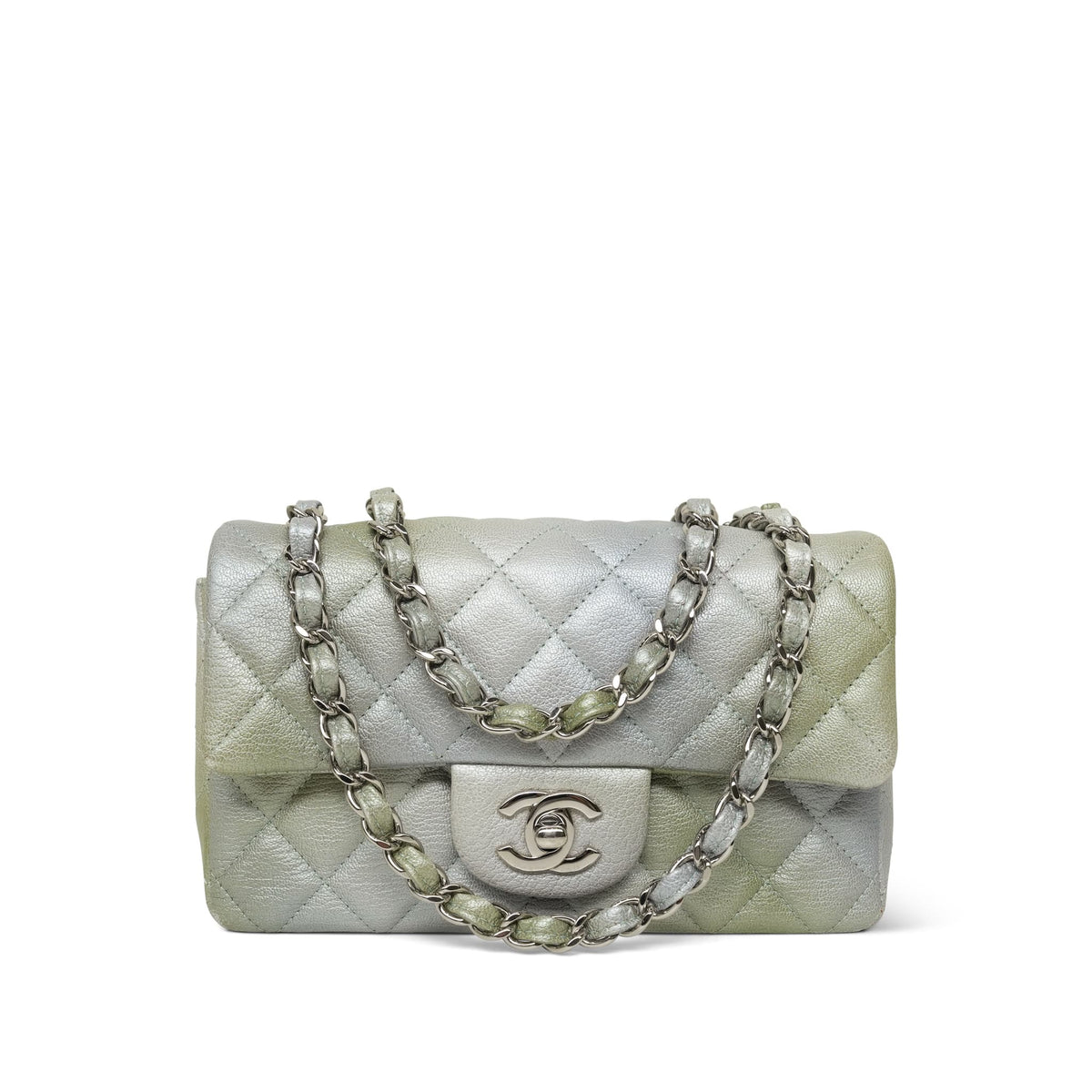 22C Metallic Green Ombre Goatskin Quilted Mini Rectangular Flap Silver Hardware