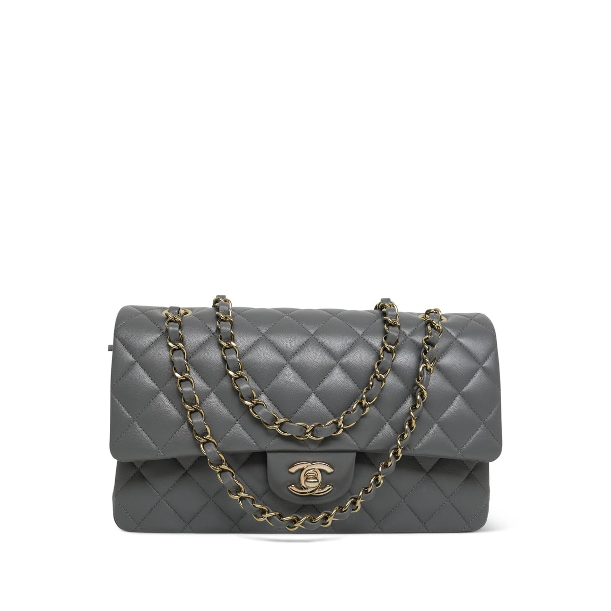 Grey Lambskin Quilted Classic Flap Medium Light Gold Hardware