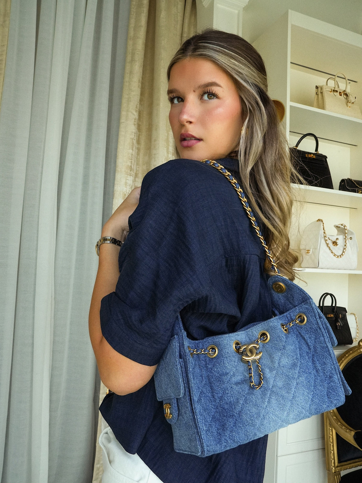 26P Blue Denim Quilted 25 Hobo Bag Mini Aged Gold Hardware