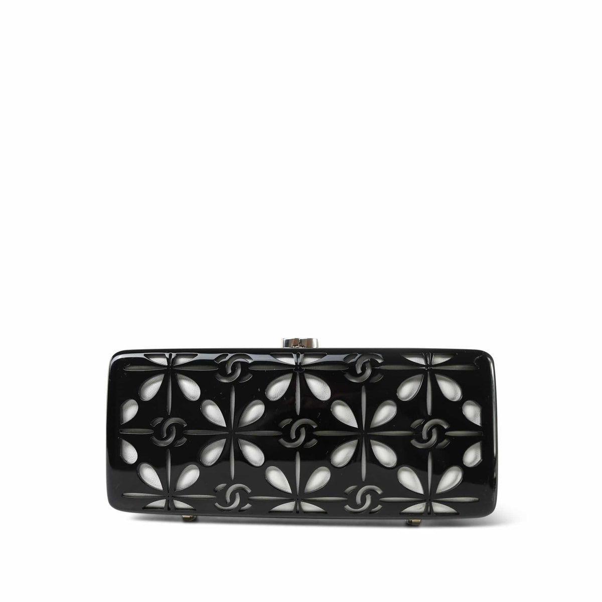 Black White CC Acrylic Minaudiere Box Clutch On Chain Silver Hardware