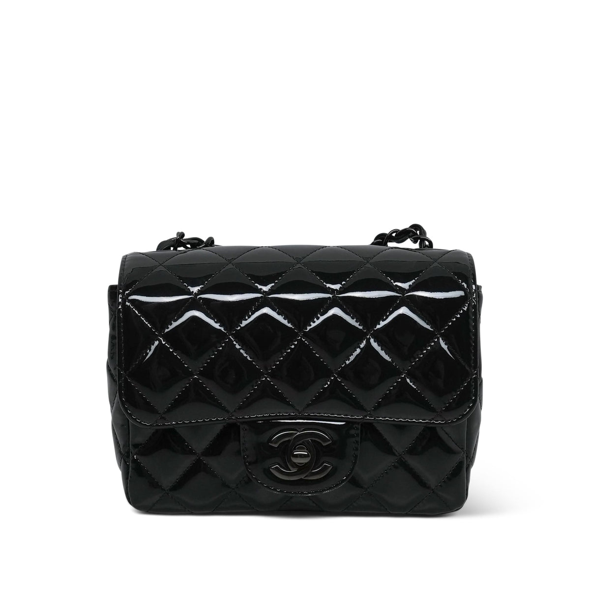 So Black Patent Quilted Mini Square Flap