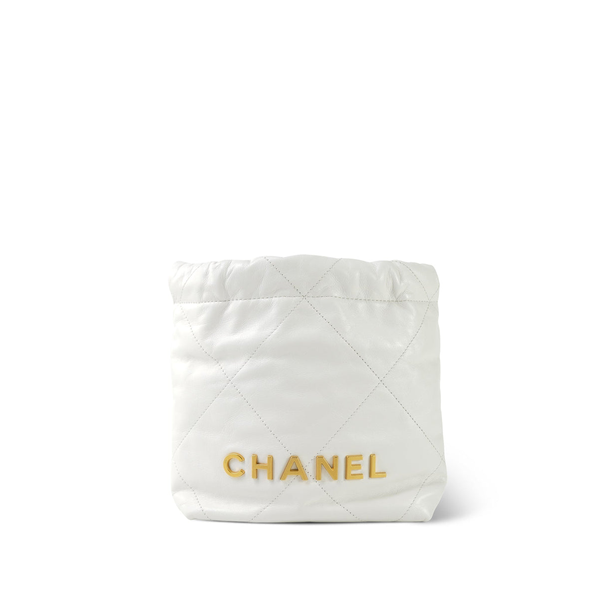 White Calfskin Quilted Mini 22 Bag Aged Gold Hardware