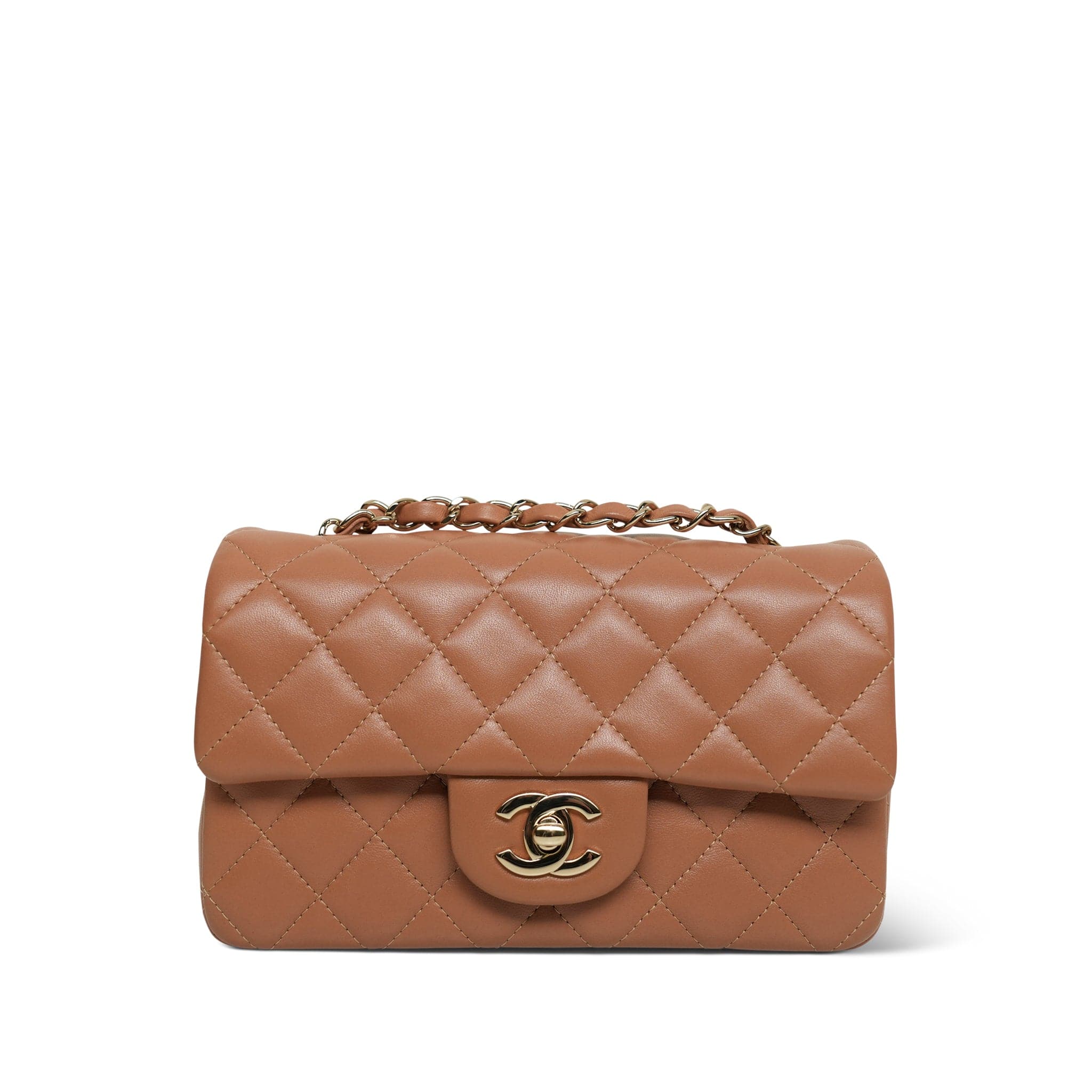 21P Caramel Lambskin Quilted Mini Rectangular Flap Light Gold