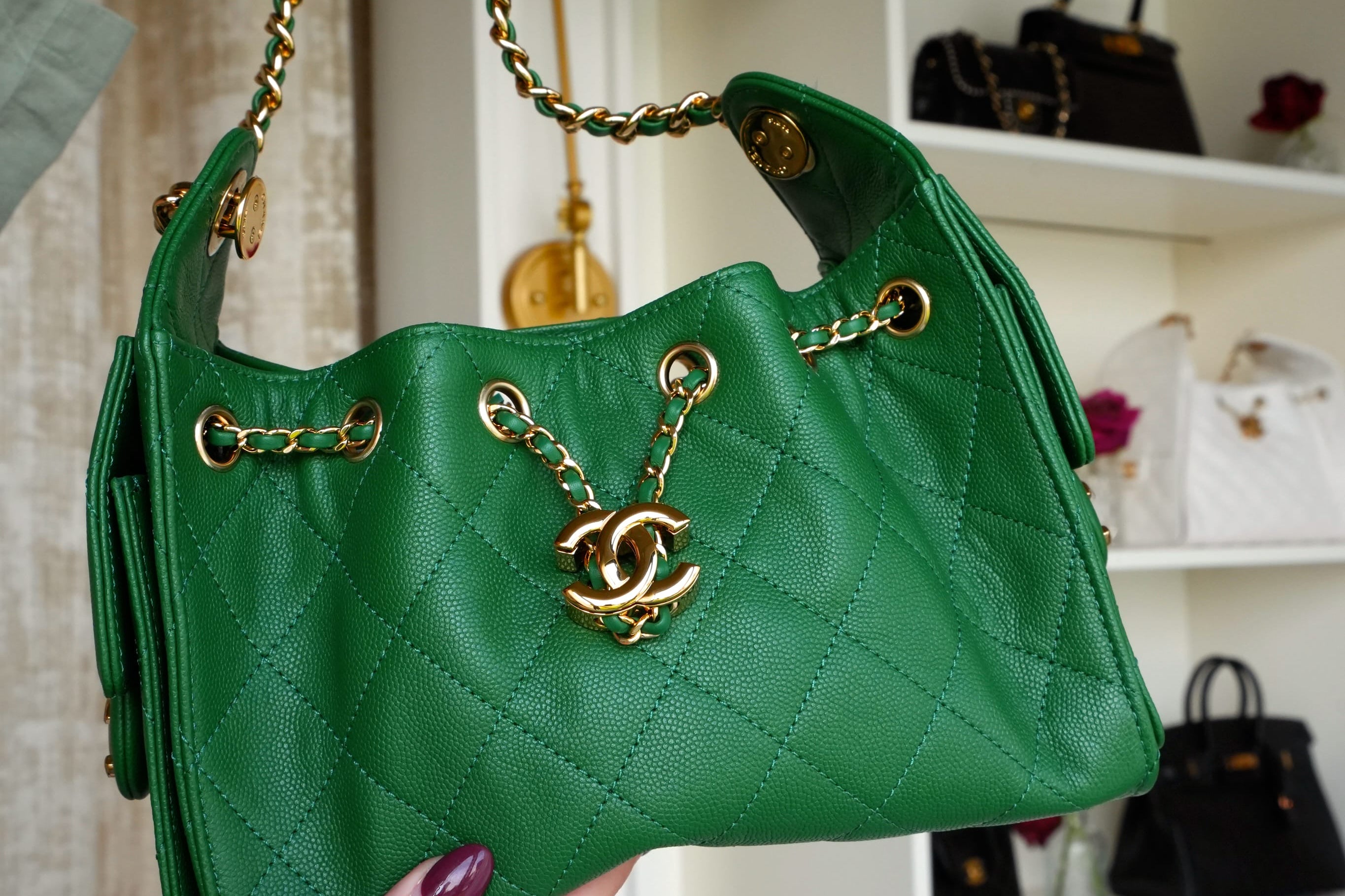 Product image 10 of 19: Green Caviar Quilted 25 Hobo Bag Mini Gold Hardware