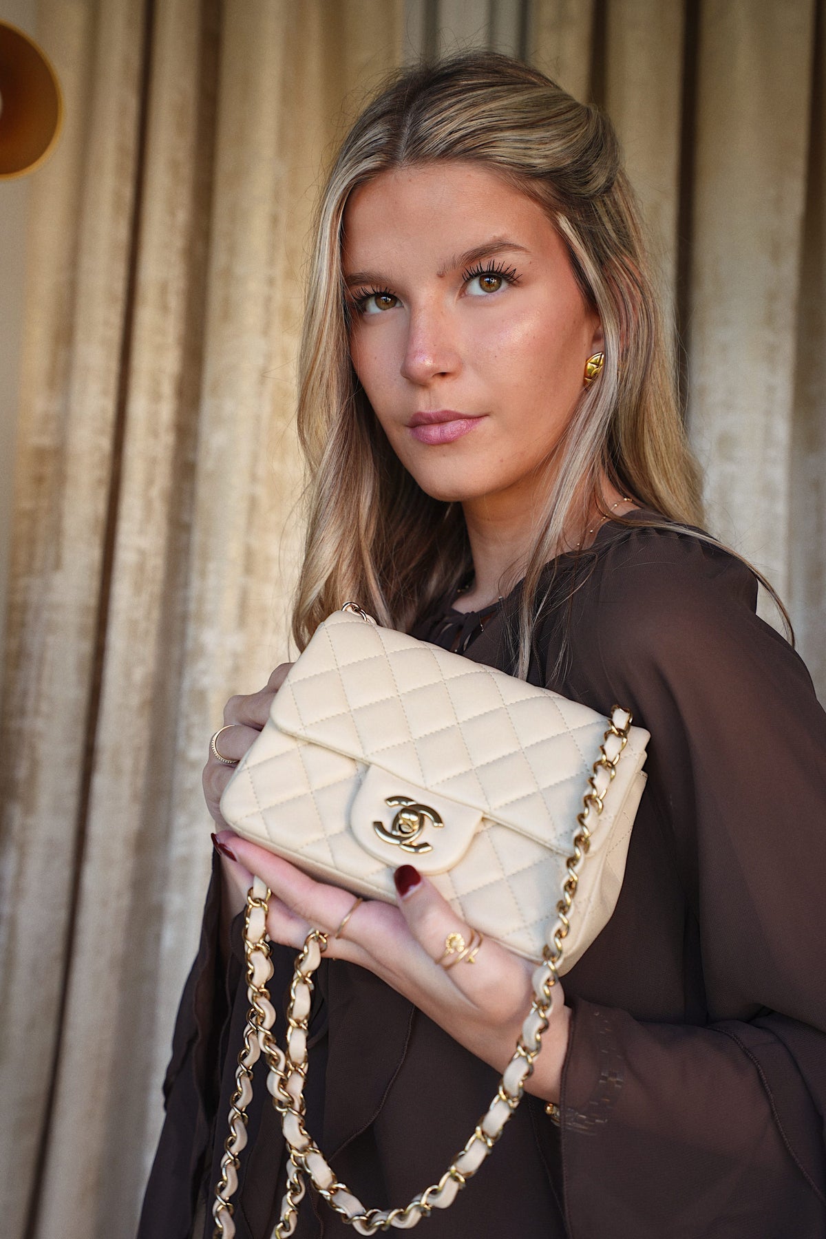 Light Beige Lambskin Quilted Mini Square Flap LGHW