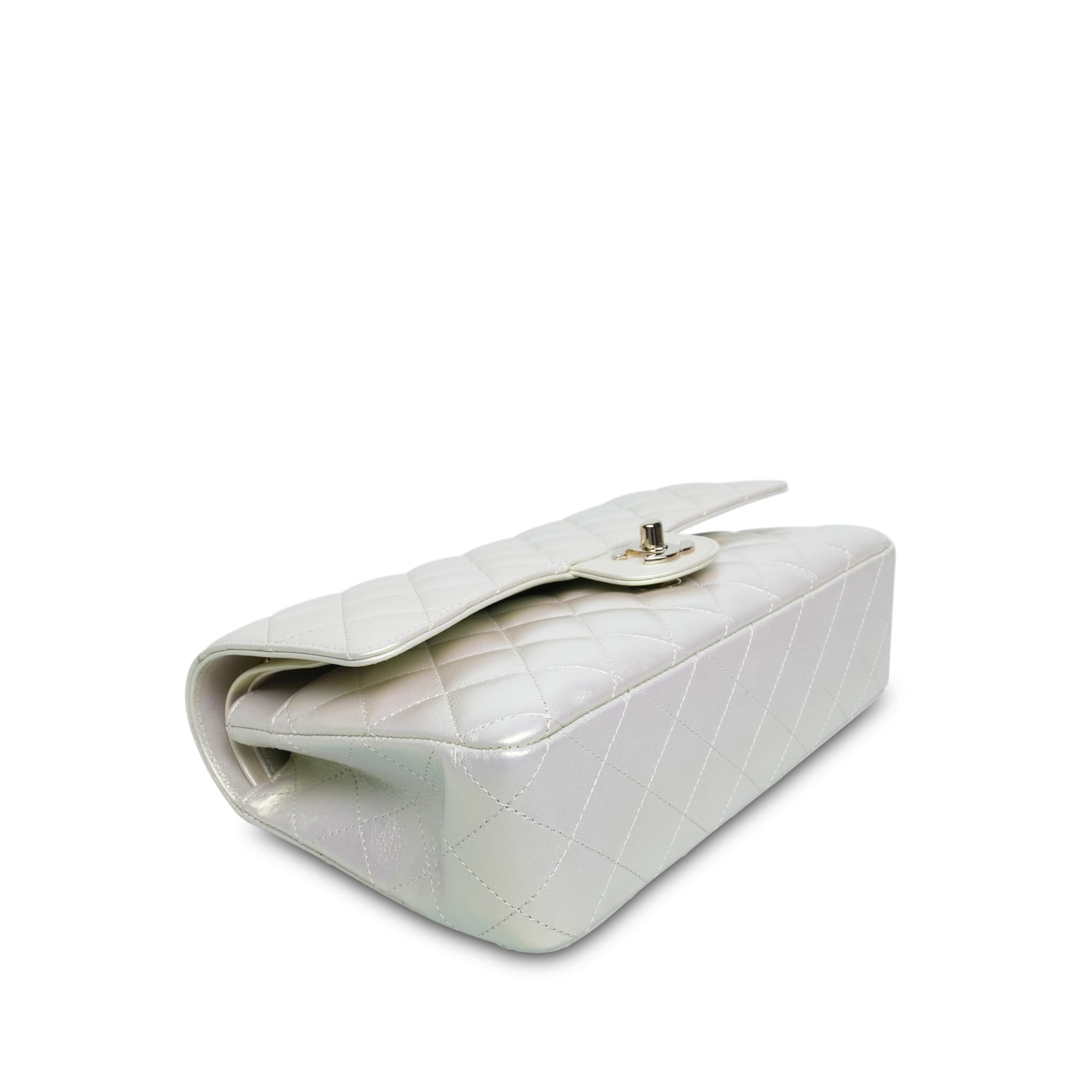 Product image 9 of 16: 20B White Iridescent Calfskin Quilted Classic Flap Medium Light Gold Hardware