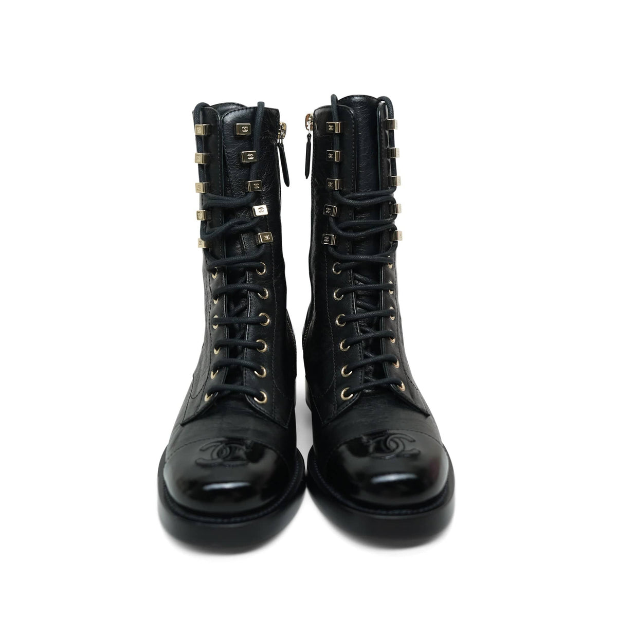 21P Black Crumpled Lambskin & Shiny Calfskin Lace Up Combat Boots Size 35.5
