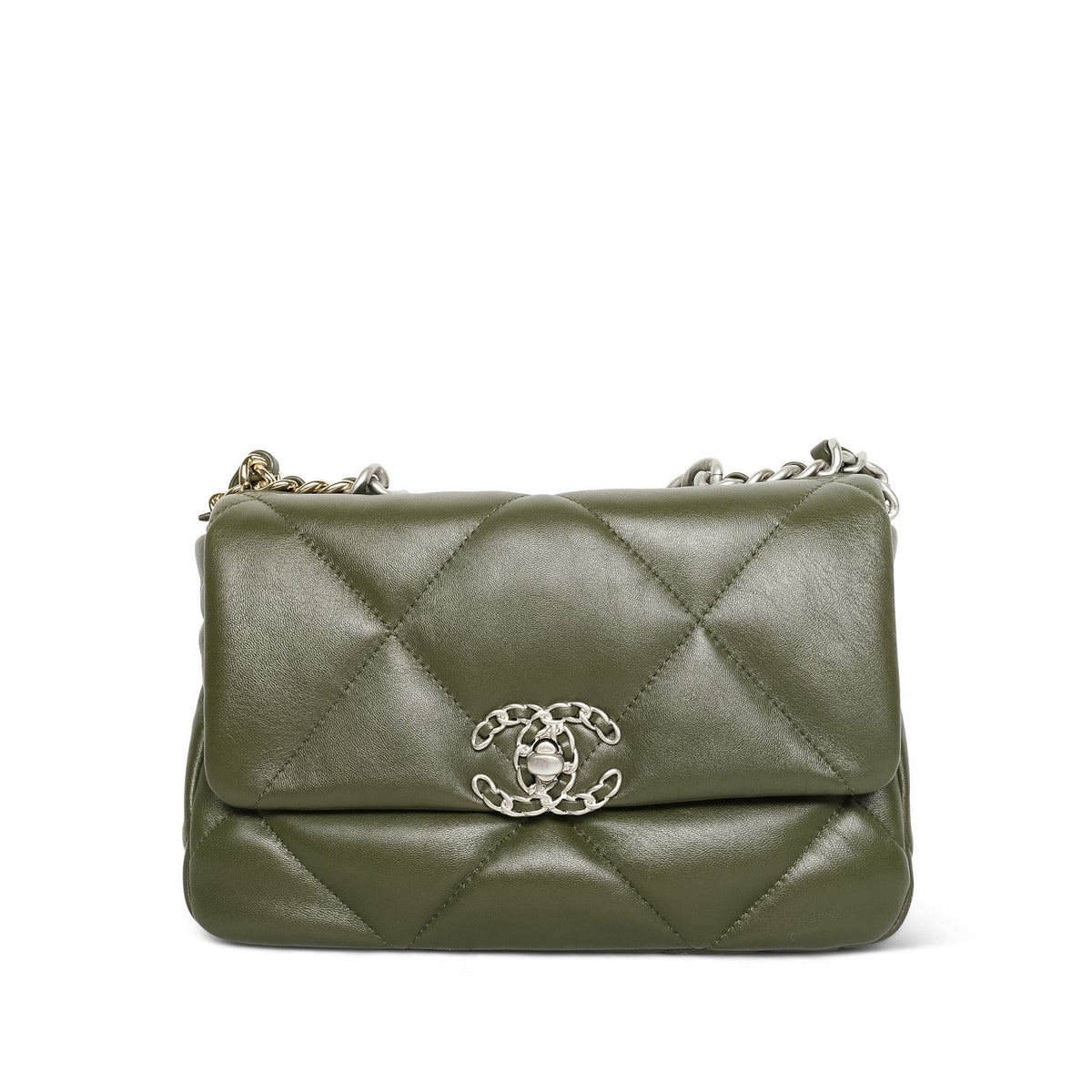 Dark Green Lambskin Quilted 19 Flap Small Mixed Hardware