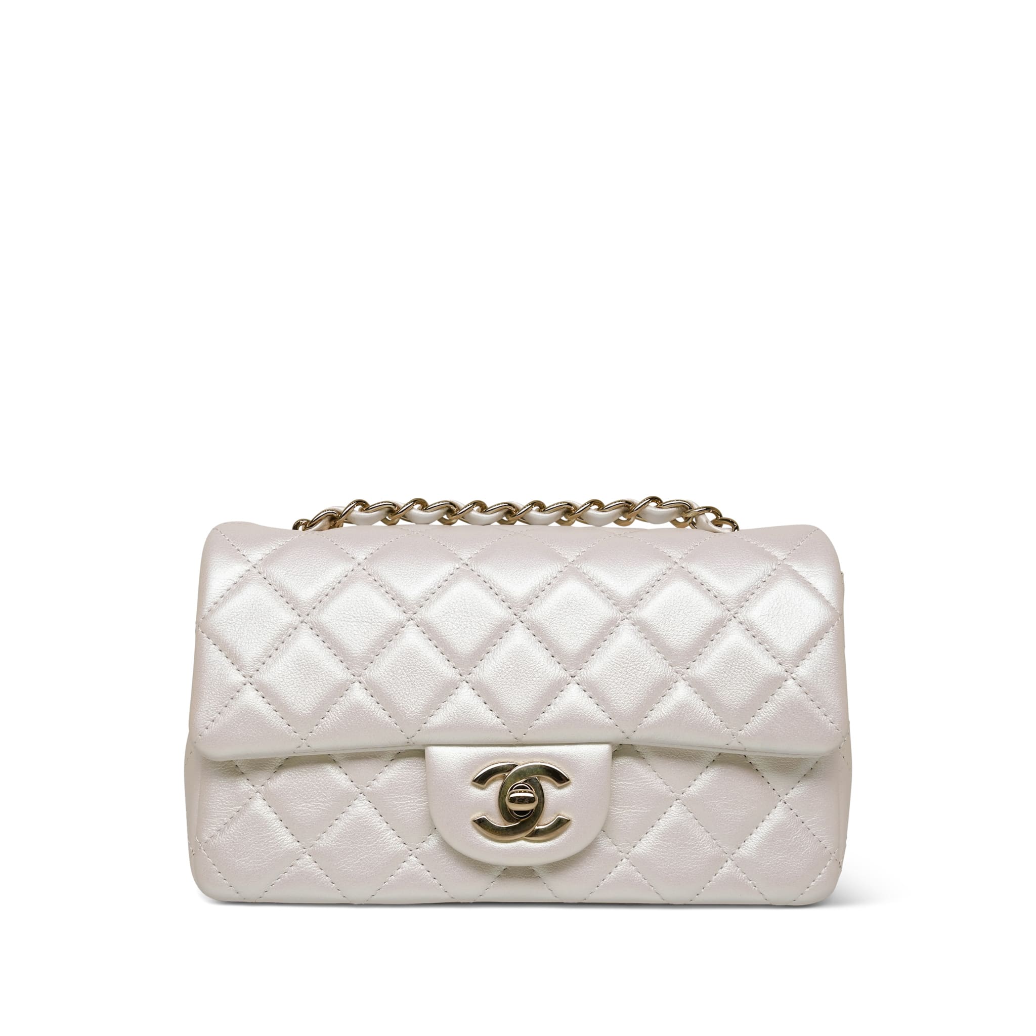 21S White Iridescent Calfskin Mini Rectangular Flap Light Gold