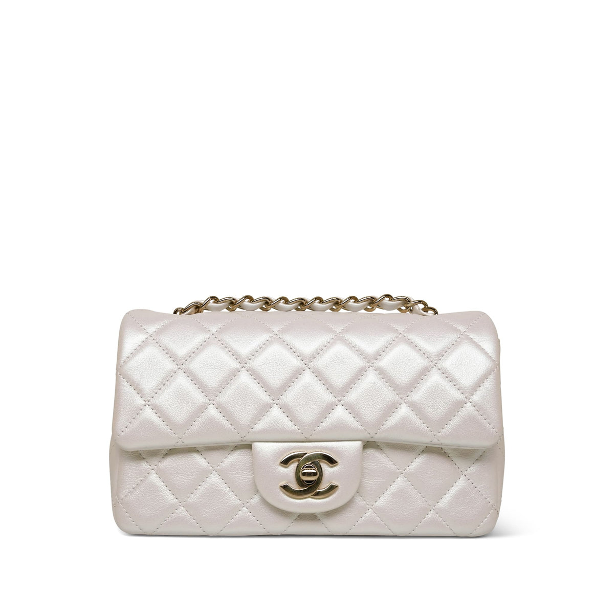 21S White Iridescent Calfskin Mini Rectangular Flap Light Gold Hardware