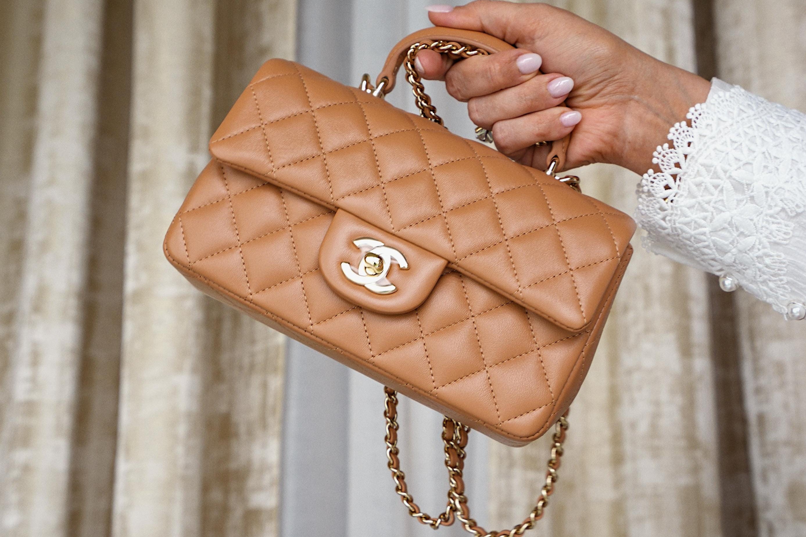 Product image 10 of 16: Caramel Lambskin Quilted Mini Top Handle Light Gold Hardware