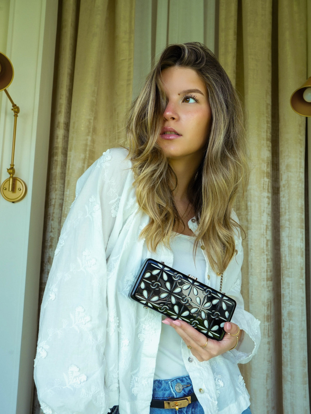 Black White CC Acrylic Minaudiere Box Clutch On Chain Silver Hardware
