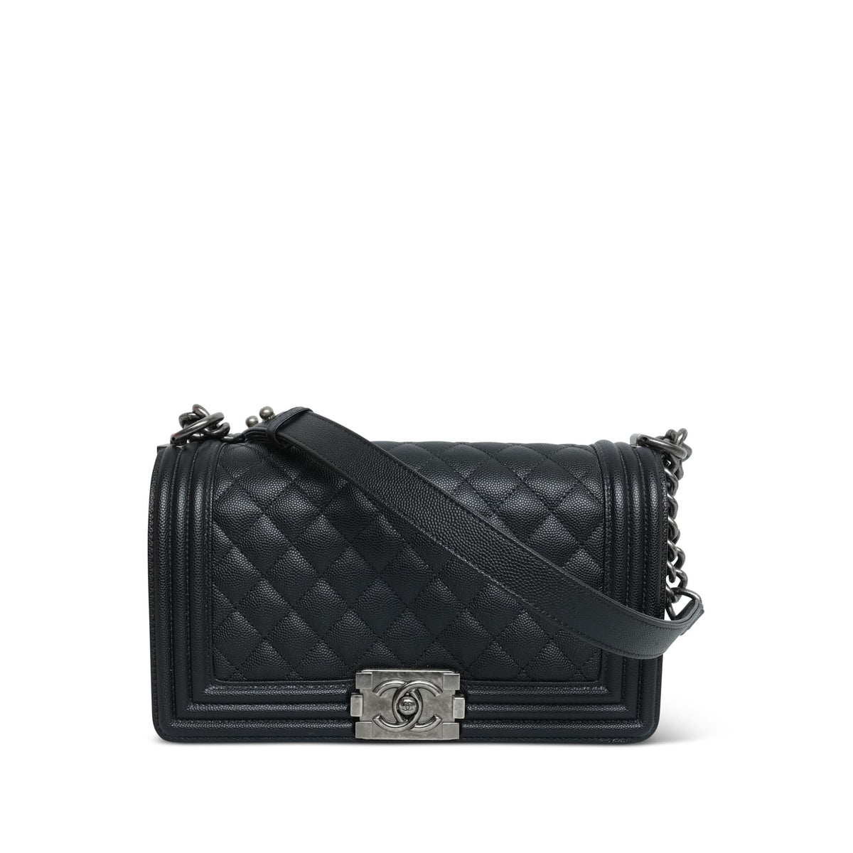 Black Caviar Quilted Boy Bag Old Medium Ruthenium HW