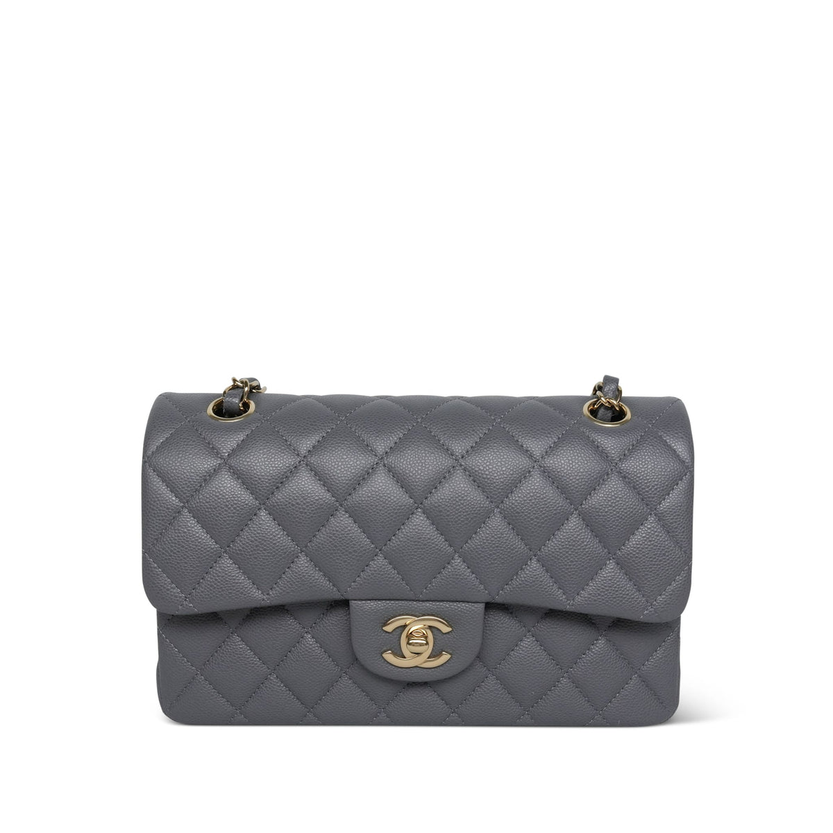 Dark Grey Caviar Quilted Classic Flap Small Light Gold Hardware