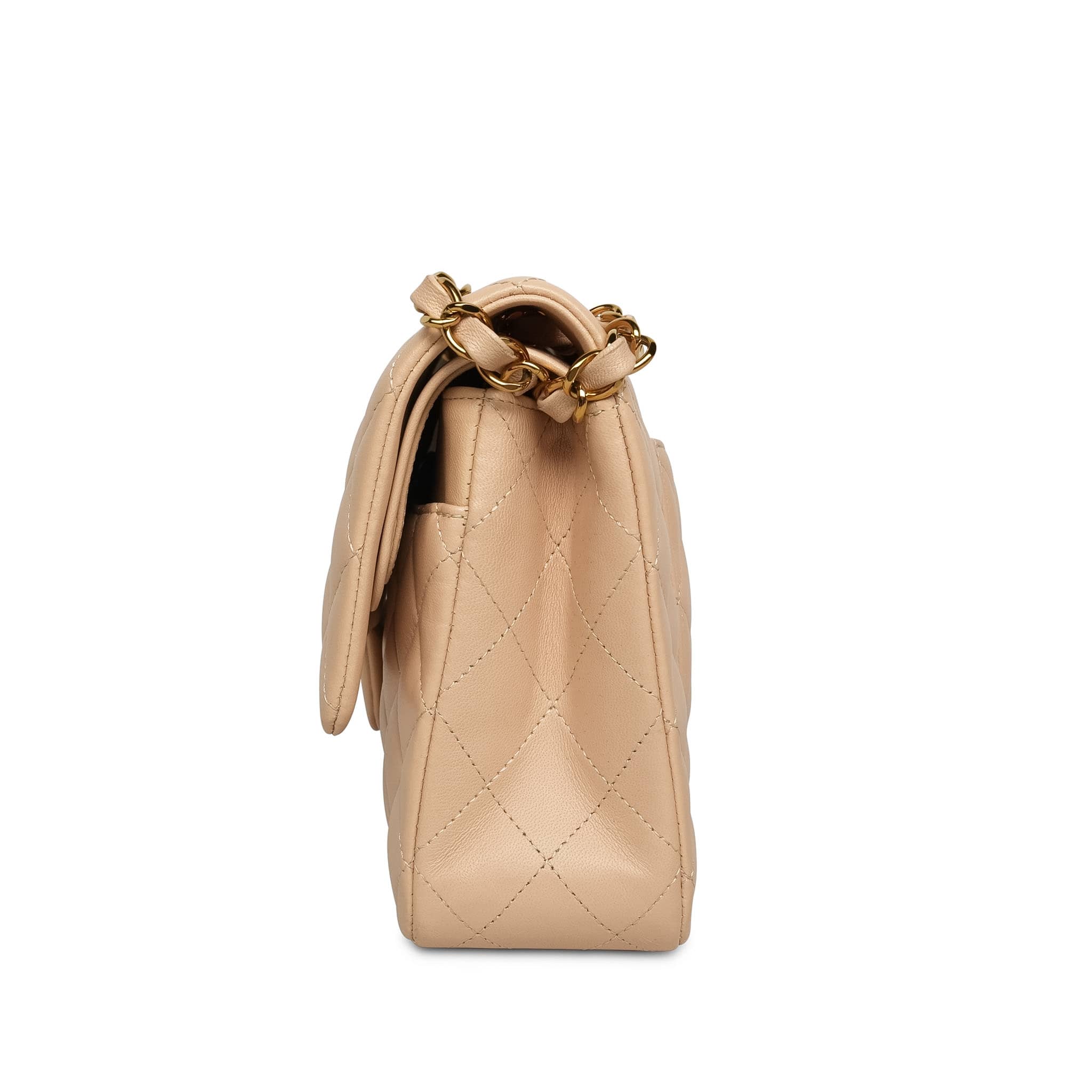 Beige Clair Lambskin Quilted Classic Flap Medium Gold HW