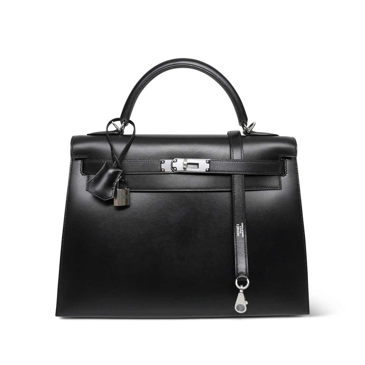 Kelly 32 Black Box Calfskin Palladium Plated F Square Stamp