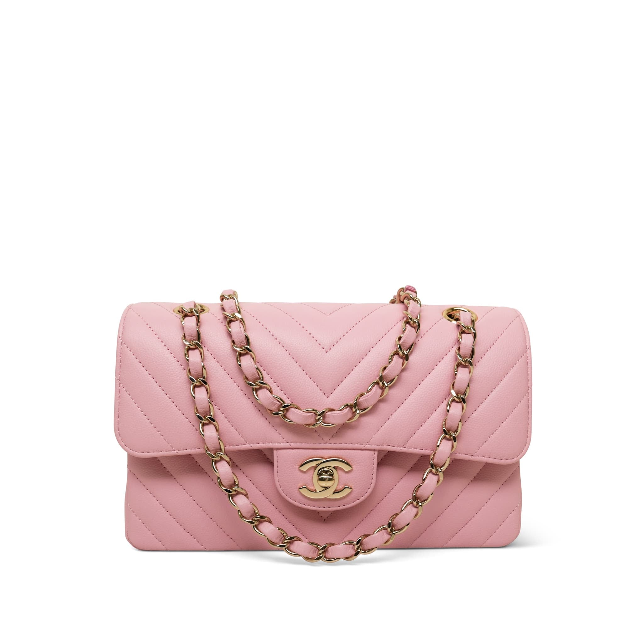 21S Sakura Pink Chevron Classic Flap Small Light Gold Hardware
