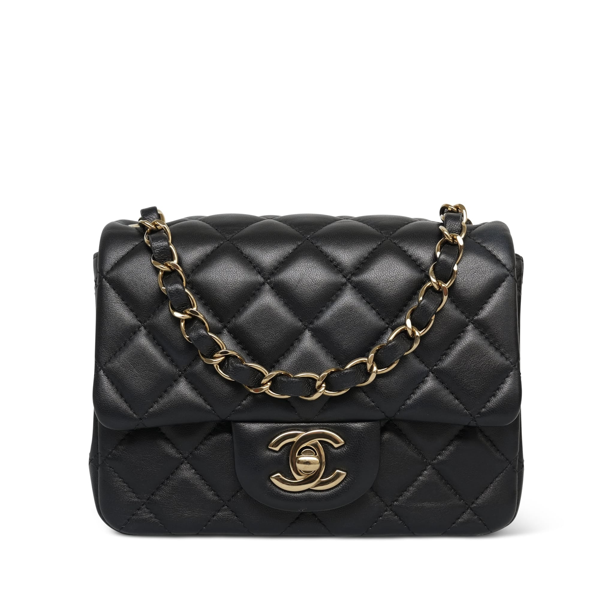 Product image 1 of 21: Black Lambskin Quilted Square Flap Mini Light Gold Hardware
