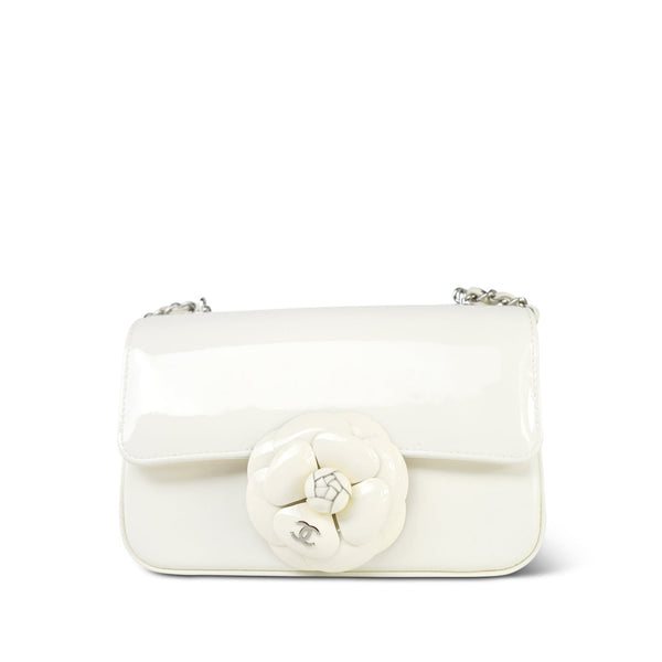 White Patent Camellia Single Flap Bag Silver Hardware – REDELUXE