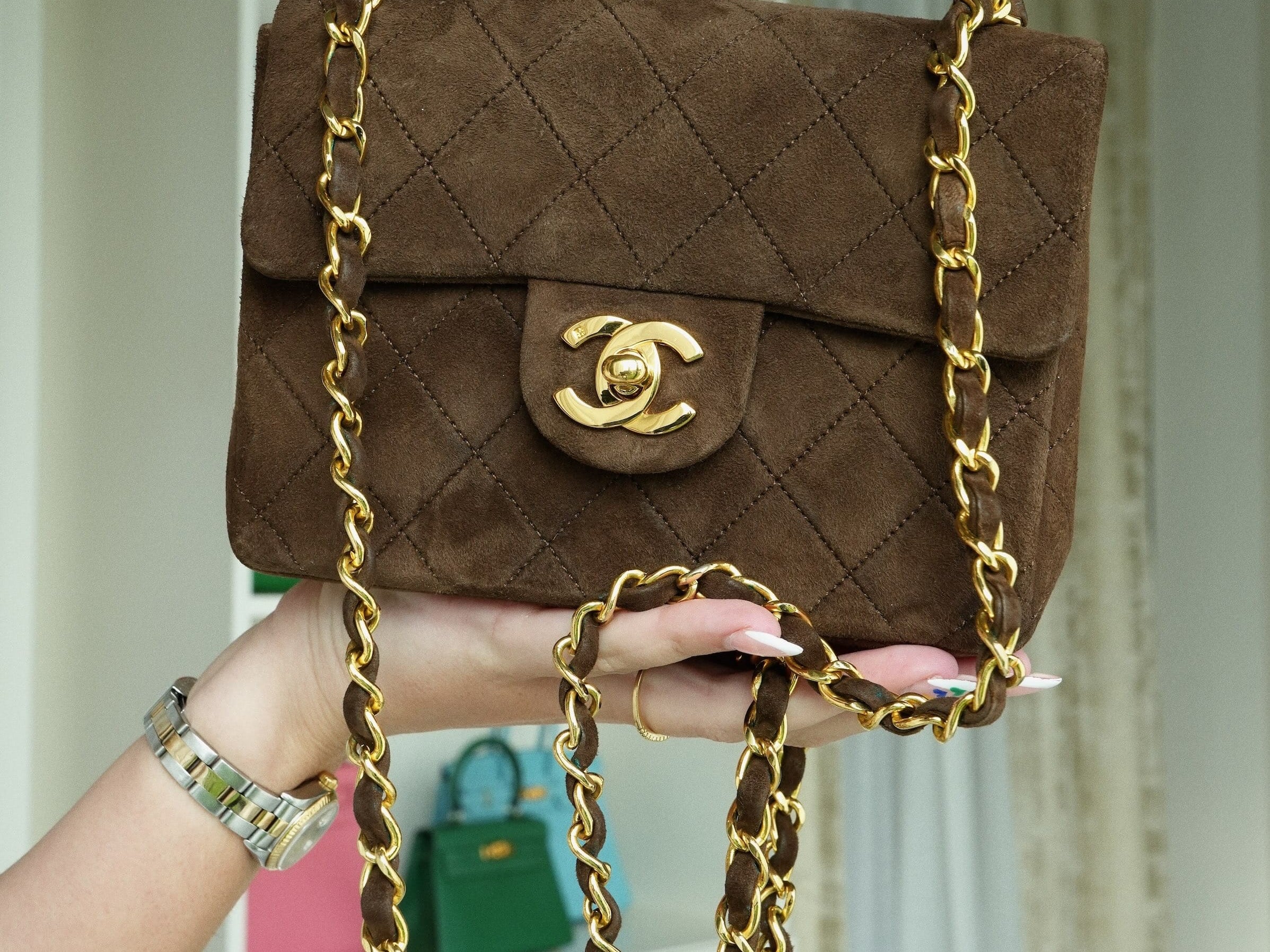 Brown Suede Quilted Mini Square Flap Gold Hardware
