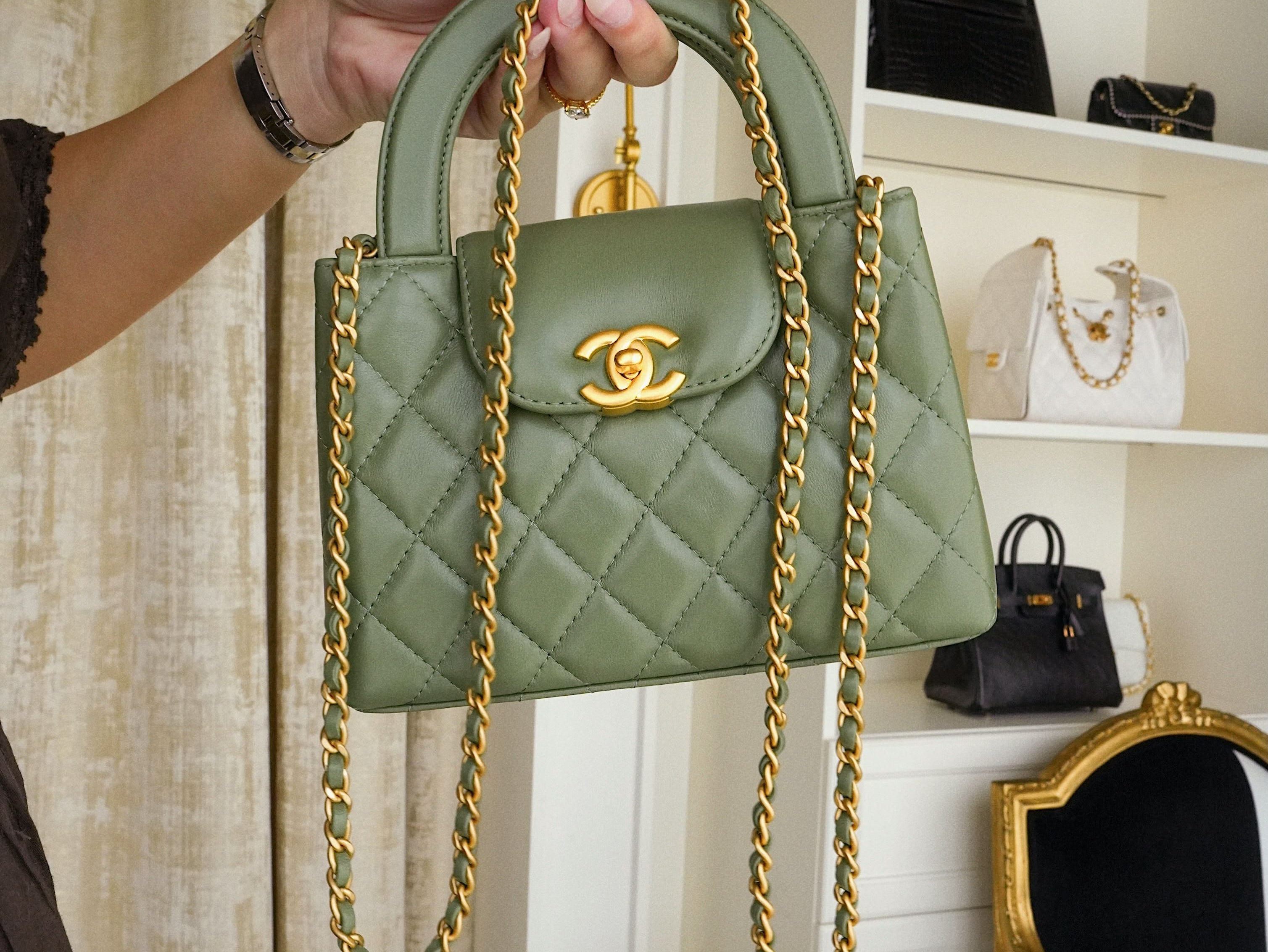 Product image 10 of 14: Dark Green Lambskin Quilted Kelly Shopper Aged Gold Hardware