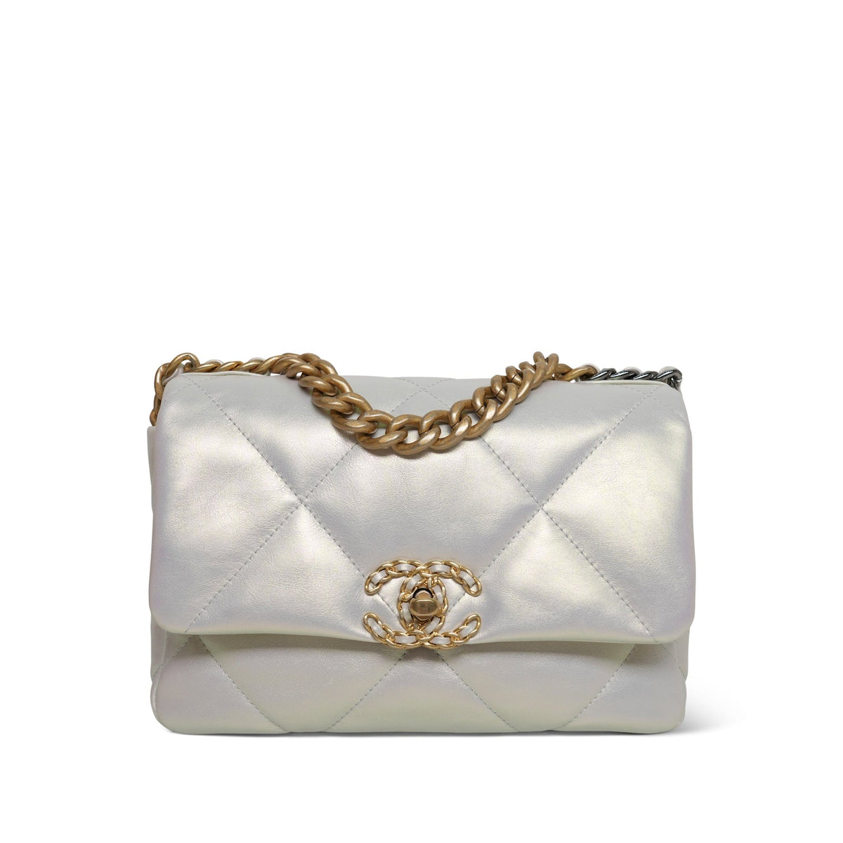 21P Iridescent White Calfskin Quilted 19 Flap Small MHW