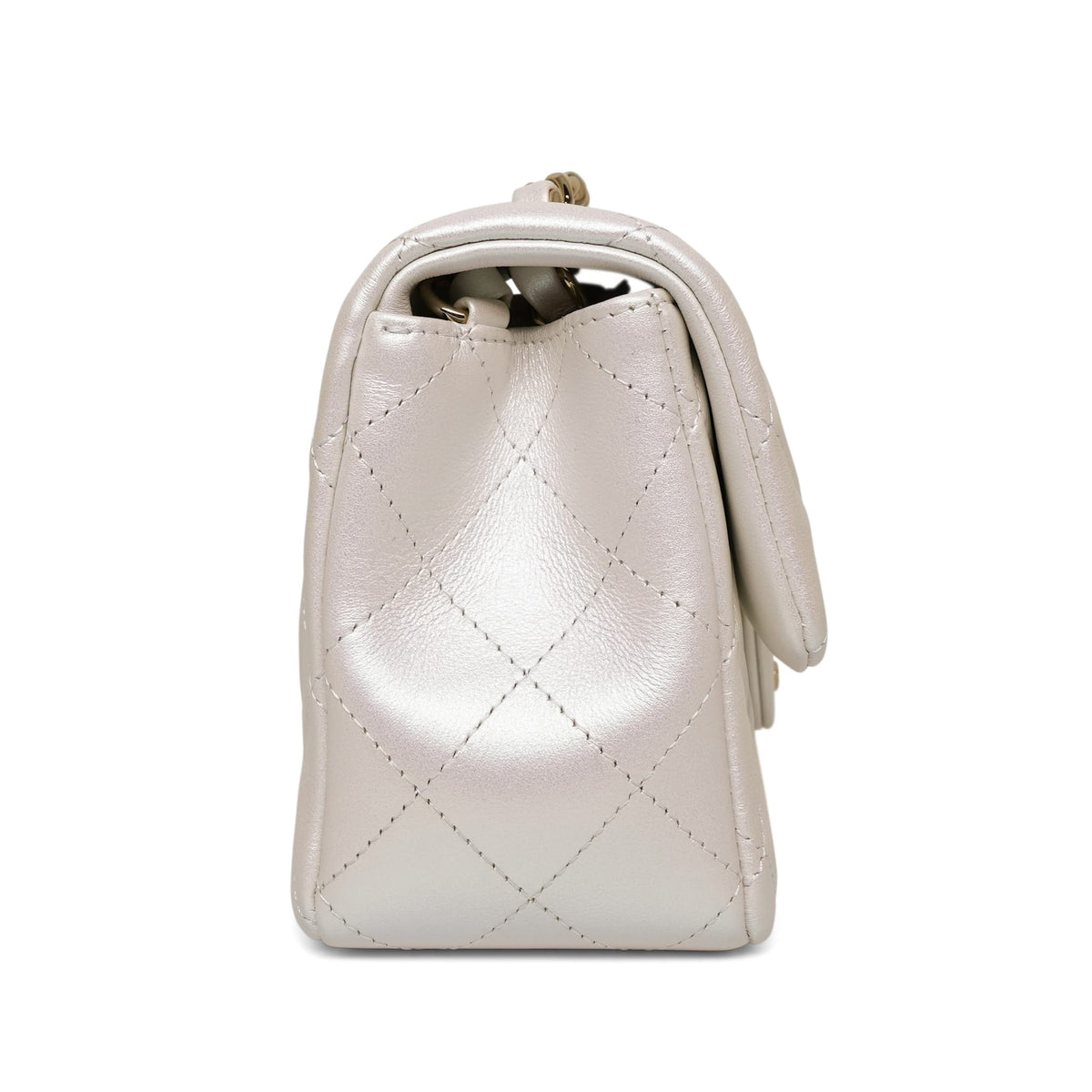 21S White Iridescent Calfskin Mini Rectangular Flap Light Gold Hardware