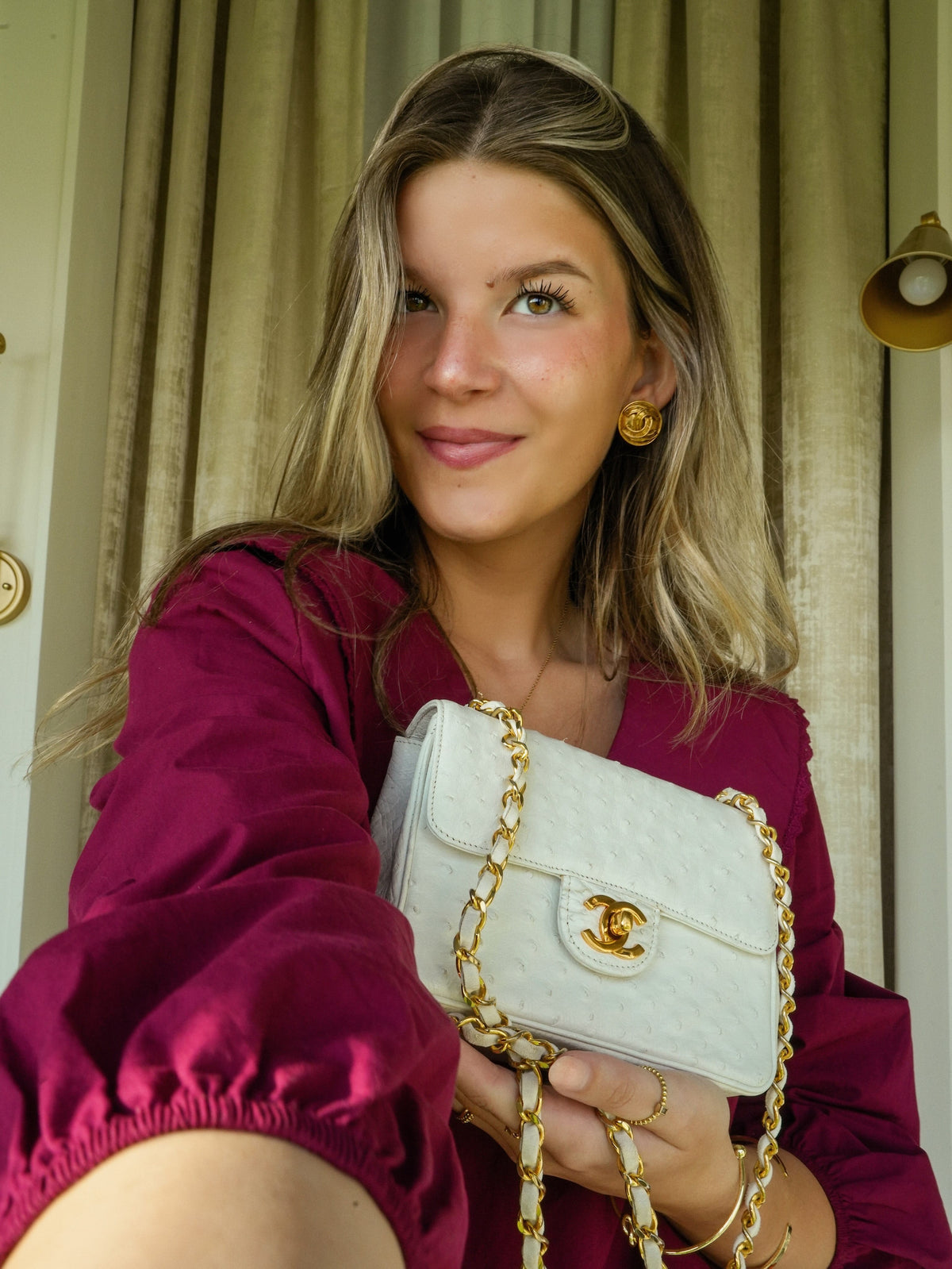 White Ostrich Mini Square Flap Gold Hardware