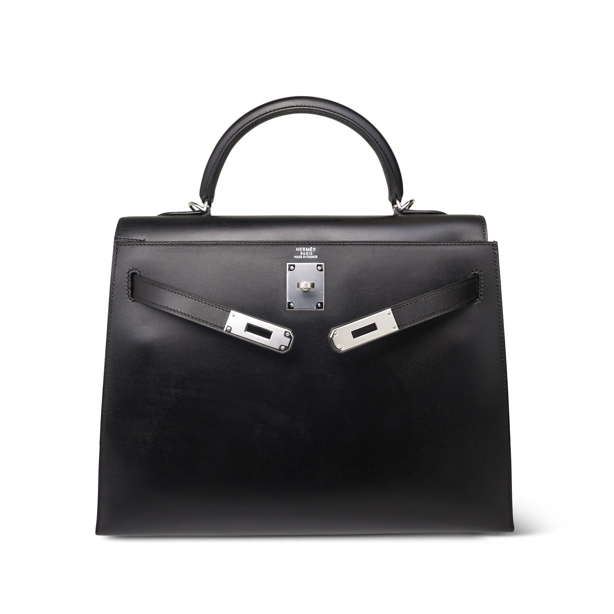 HERMES ブラックレザー ケース Kelly 32 Black Box Calfskin Palladium Plated J Square Stamp – REDELUXE