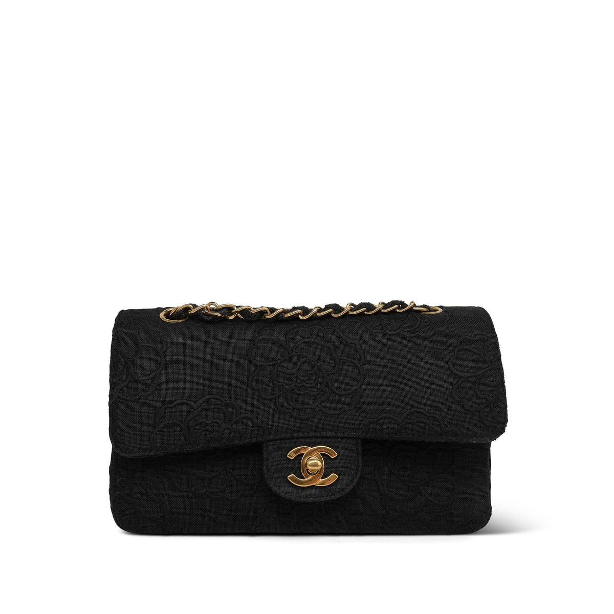 Black Canvas Camellia Classic Flap Small Gold Hardware