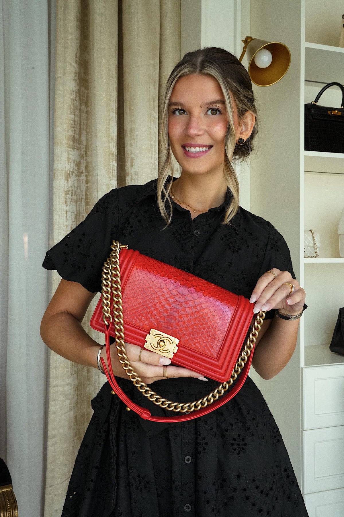 Red Python Boy Bag Medium Aged Gold Hardware