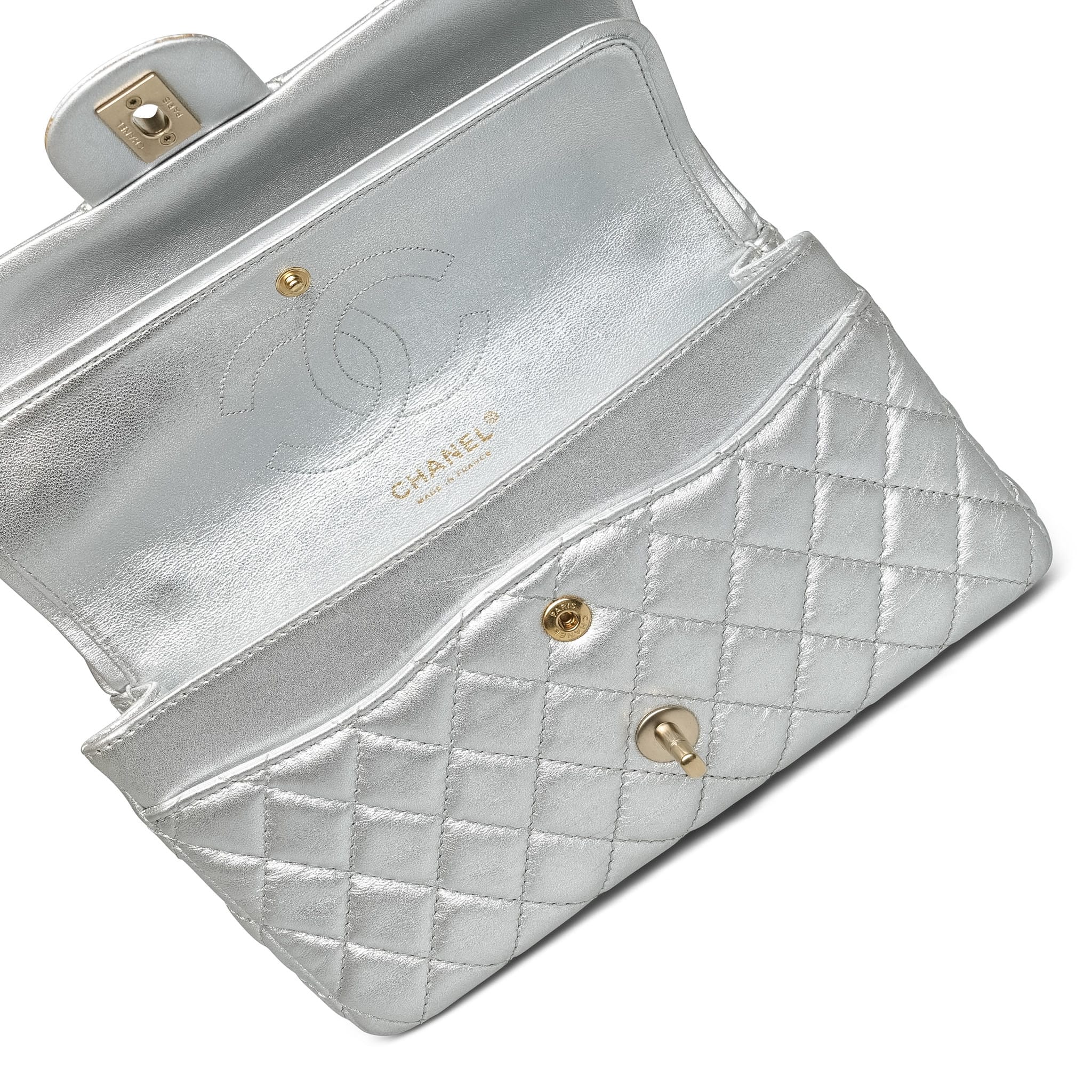 Product image 28 of 28: Silver Metallic Calfskin Quilted Classic Flap Medium Aged Gold Hardware