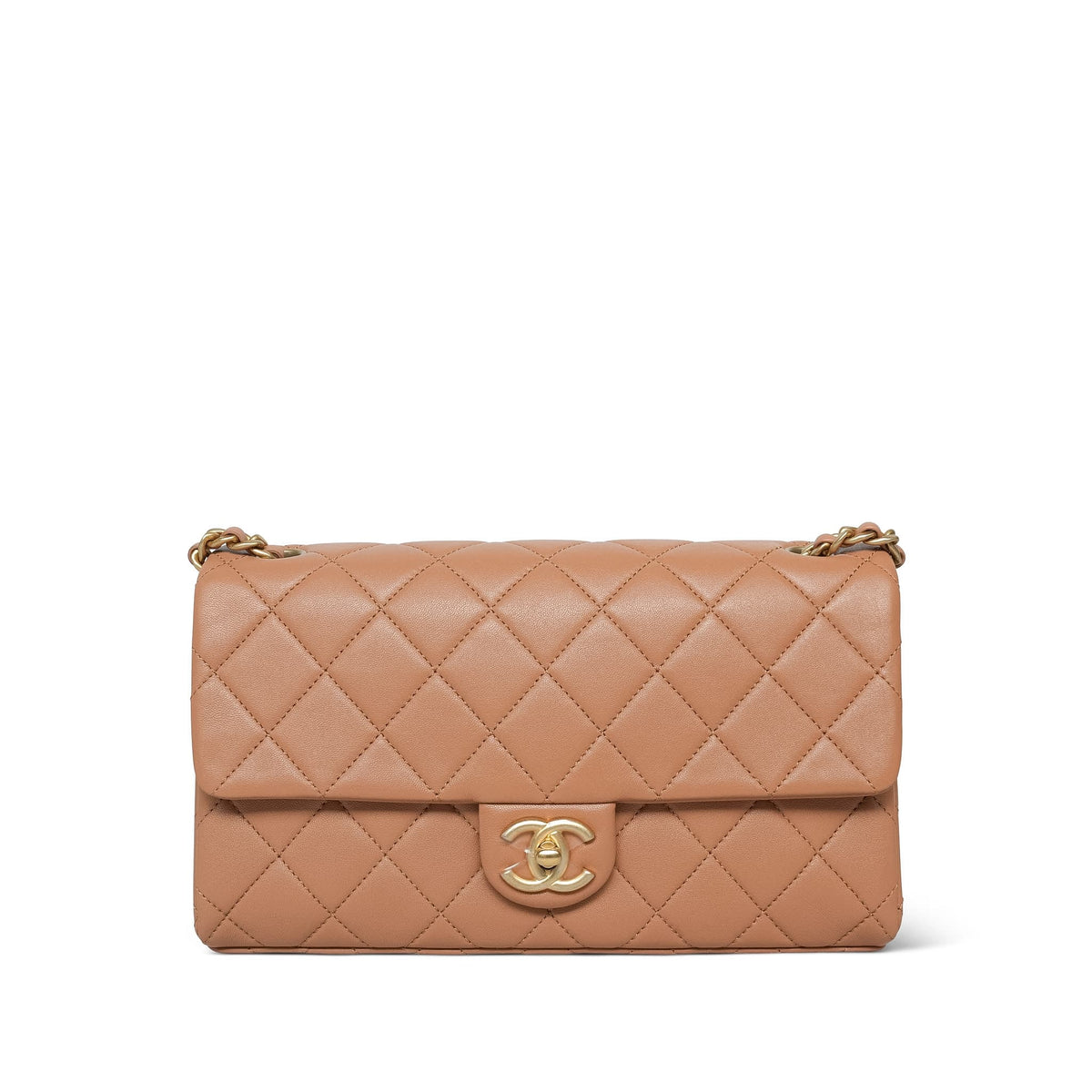 23P Caramel Lambskin Quilted Spellout Chain Single Flap Bag AGHW