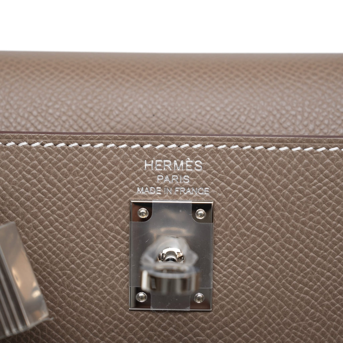 Kelly Sellier 25 Etoupe Epsom Palladium Plated G Stamp