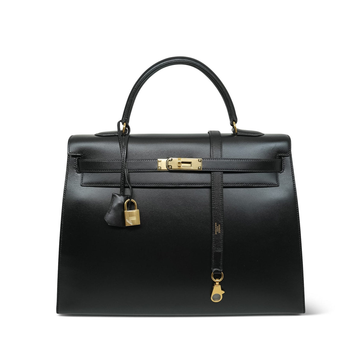 Kelly 35 Black Box Calfskin Gold Plated V Circle Stamp