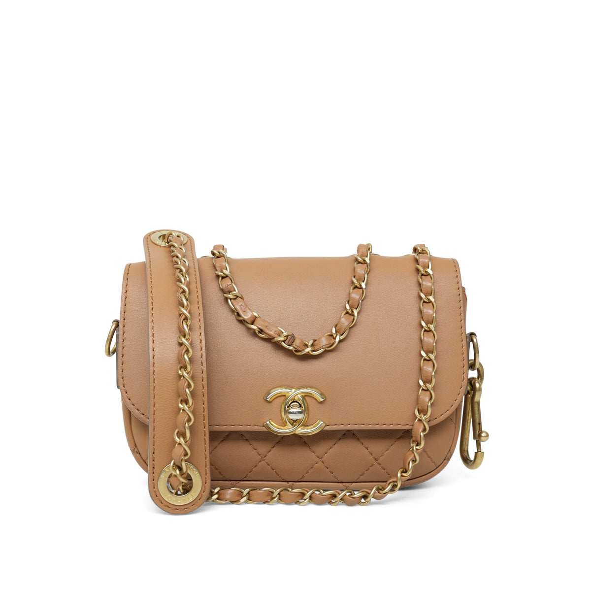 Dark Beige Calfskin Quilted Multi Pouching Flap Aged Gold Hardware